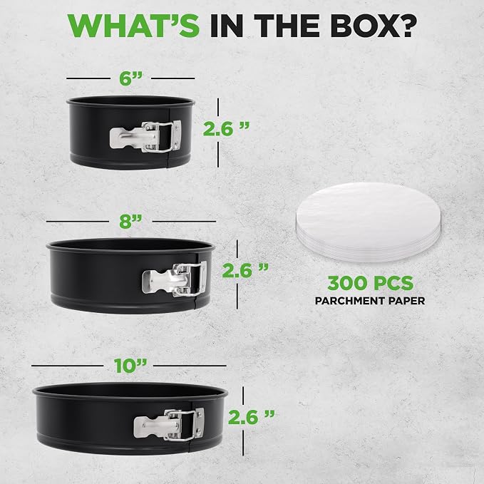 Nutrichef 3-Piece Nonstick Springform Pan Set - Premium Carbon Steel Cheesecake Pans with Stainless Steel Clasp - 6", 8", 10" Sizes, Oven Safe up to 450°F - Includes 300pcs Parchment Paper (Black) - Image 8