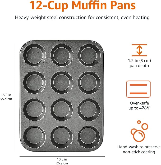 Amazon Basics Nonstick Muffin Pan, Set of 2, Sturdy, Oven Safe, Bakes Evenly, Easy to Clean, 12 Cups, Gray, 13.9x10.55x1.22" - Image 7
