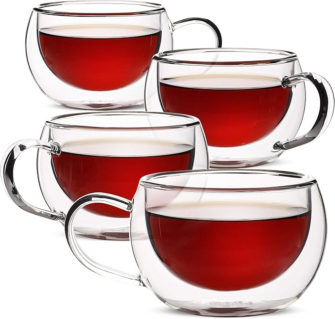 BTaT Insulated Coffee Cups - Set of 4 (9 oz, 270 ml), Double Wall Glass Tea & Latte Mugs
