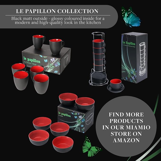 MIAMIO - Coffee Mugs Set of 6 (12 oz) - Le Papillon (Red) - Daily Table Set | Ceramic coffee mugs for coffee, cappuccino and tea, 12 oz for everyday use - dishwasher safe - practical for daily use - Image 7
