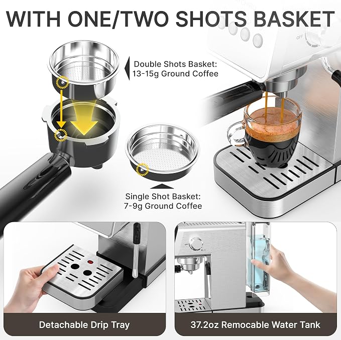 AYCHIRO 20-Bar Espresso Machine with Milk Frother, Professional Espresso Coffee Machine for Home, Stainless Steel Cappuccino Maker, Removable Water Tank & Drip Tray, Silver - Image 8