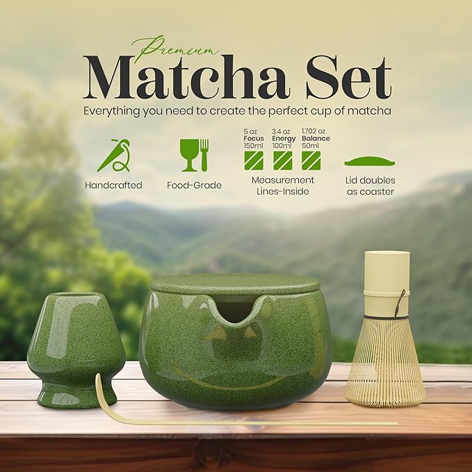 NEXTLUXE Matcha Whisk Set β Traditional Bamboo Chasen with Ceramic Bowl, Matcha Bowl and Whisk Kit - Measurement Lines, Spoon & Lid β Green