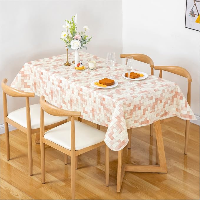 FIFTY FEET 84X60 Inch Rectangle Tablecloth, Vinyl Tablecloth with Flannel Backing Waterproof Table Cloth, Spill Proof Picnic Table Cover for Outdoor/Indoor/Camping/Dining(Beige Plaid) - Image 9