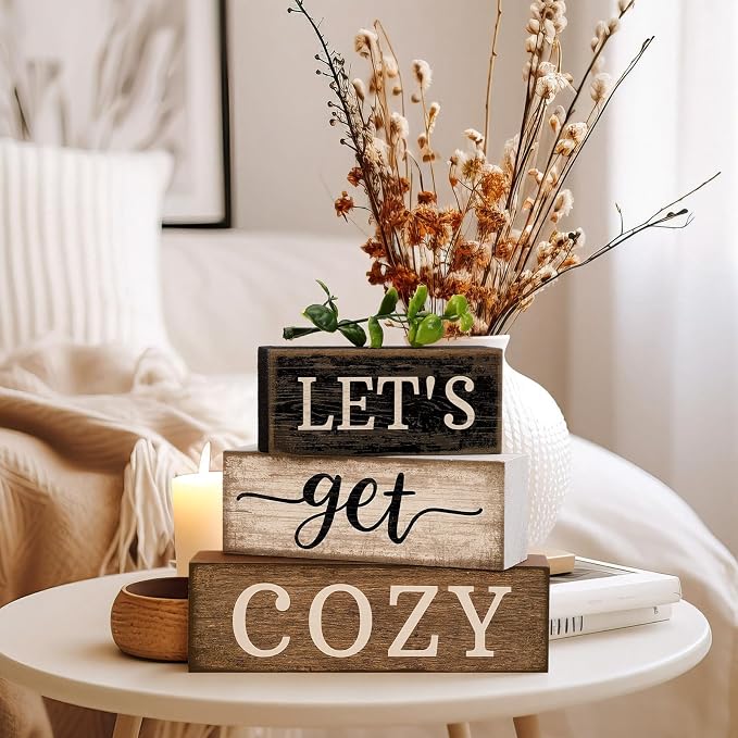 Moucuny 4 Pcs Farmhouse Table Decor Inspirational Wooden Signs Rustic Eucalyptus Leaves Wooden Block Sign Gift Let's Get Cozy Farmhouse Table Centerpiece for Living Room Housewarming Gift - Image 7