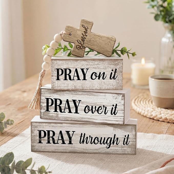 Moucuny 4 Pcs Christian Table Decor Wooden Cross Wooden Bible Verse Sign Inspirational Religious Christian Centerpiece Pray Block Signs Farmhouse Table Decoration for Mother's Day - Image 7