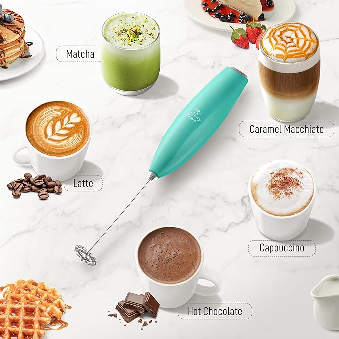 Zulay Kitchen Handheld Milk Frother with Duracell AA Batteries β Ultra Fast Electric Mixer & Foam Maker, Easy-Clean Drink Mixer for Coffee & More - Caribbean Aqua 2B