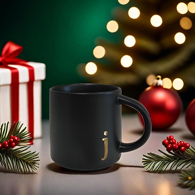 COLLECTIVE HOME Black Ceramic Coffee Mug, 15 oz Golden Monogram Tea Cup (j) | Personalized Halloween Mug with Gift Box, Dishwasher Safe, Birthday Present, Christmas Thanksgiving Mothers Day Gifts - Image 8