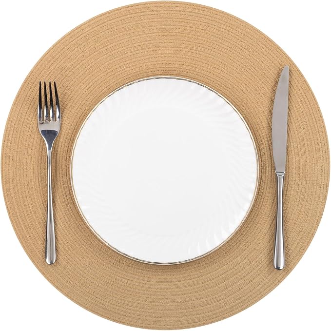 SHACOS 15 inch Round Braided Placemats Set of 6 Cotton Polyester Heat Resistant Round Table Mats Washable Place Mats for Dinner Party Table Decoration (Camel, 6) - Image 9