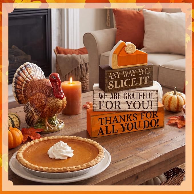 Moucuny 4 Pcs Fall Coffee Table Decor Fall Decoration for Home Wooden Stacked Block with Pumpkin Pie Topper Rustic Thanksgiving Tiered Tray Decor for Harvest Party Home Kitchen Coffee Bar - Image 7