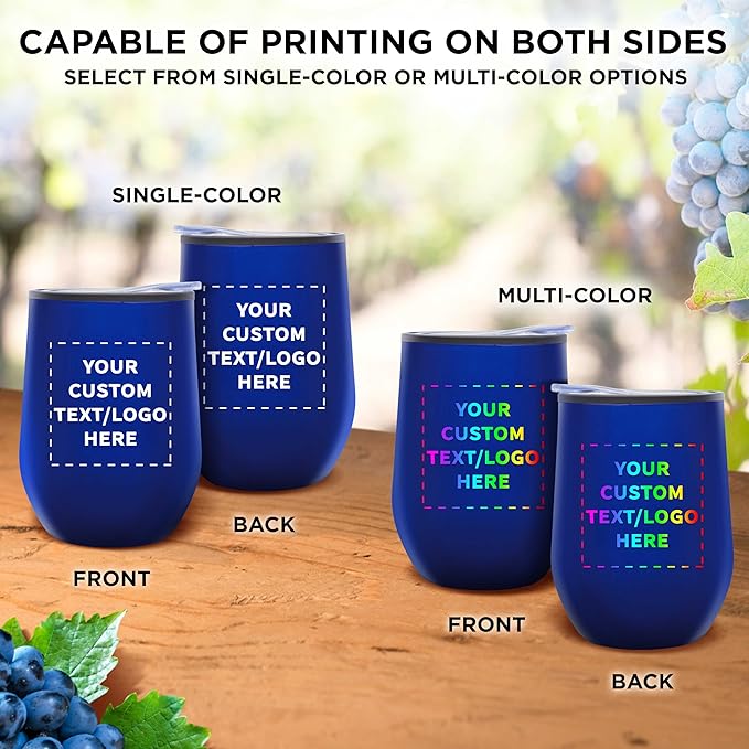 Custom Stemless Wine Tumblers 12 oz. Set of 6, Personalized Bulk Pack - Insulated, Perfect for Wine, Cocktails, Other Hot & Cold Beverages - Blue