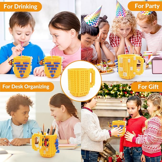 Lumsburry Build-on Brick Coffee Mug, Funny DIY Unique Novelty Drinking Cup | Building Blocks Creative Mug, for Men Women Kids Dad Mom, Present Exchange Ideas, Xmas Birthday White Elephant(Yellow) - Image 8