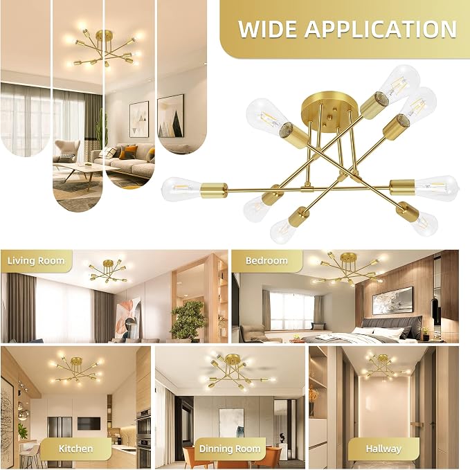 CANMEIJIA Modern Sputnik Chandelier, 8-Light Ceiling Light Fixture Mid Century Gold Chandelier for Bedroom Living Room Dining Room Kitchen, E26 Base, Bulbs Not Included - Image 6