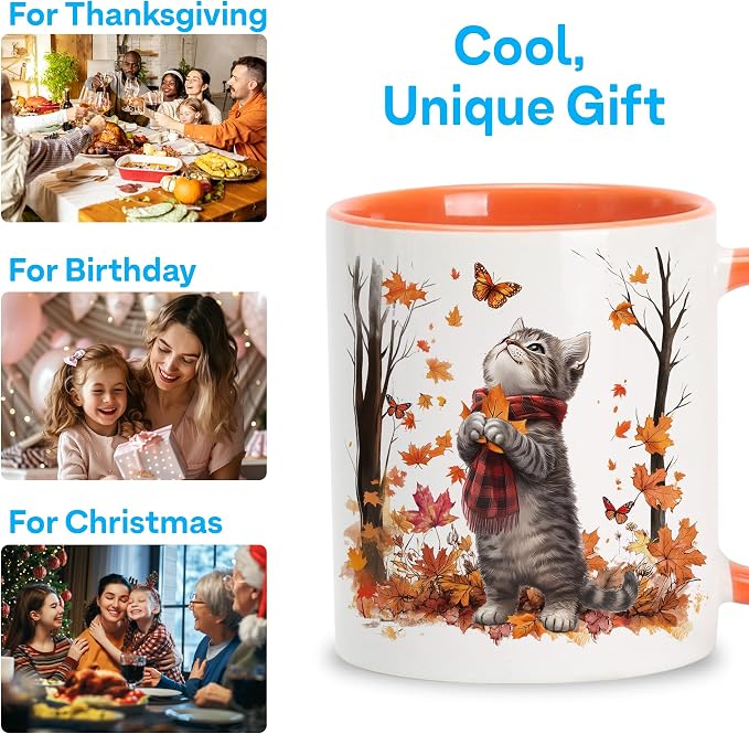 Hyturtle Fall Cat Maple Leaves Coffee Mug with Spoon Gifts on Birthday | Fall Autumn Decor Thanksgiving Gift, Cute Autumn Mug, Durable 11oz ceramic mug, Vivid double-sided print, Comfort grip handle - Image 7