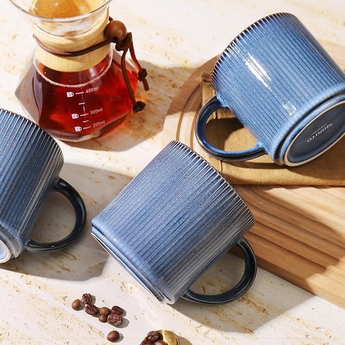 MONITO 16Oz Coffee Mugs Set of 4, Rustic Ceramic Coffee Cups Set with Large Handle, Vintage Striped Stoneware Coffee Mugs for Latte, Cocoa, Tea, Milk, Microwave & Dishwasher Safe, Deep Blue - Image 7