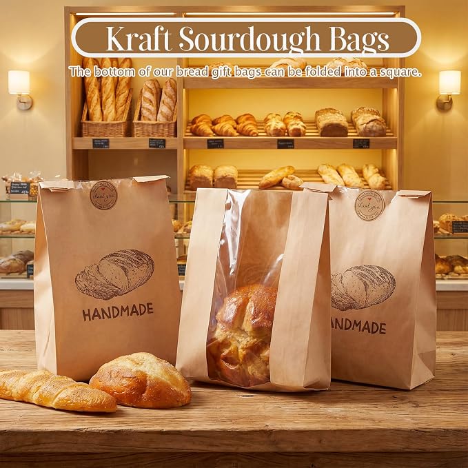 Feifeiya 100 Pack Kraft Paper Bread Bags for Homemade Sourdough Bread with Window & Stickers, 13.7x8.3" Large Bakery Bags for Loaves Greaseproof Food Packaging for Baking Gifts, Brown(Novel Style) - Image 7