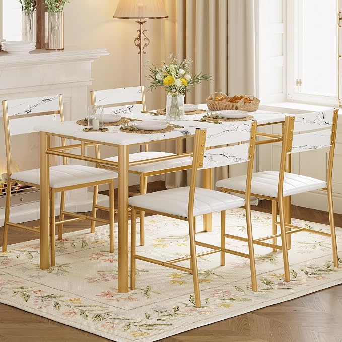 IRONCK Dining Table Set for 4, White & Gold | Wood Kitchen Table with Upholstered Chairs for Kitchen Room and Small Spaces - Image 9