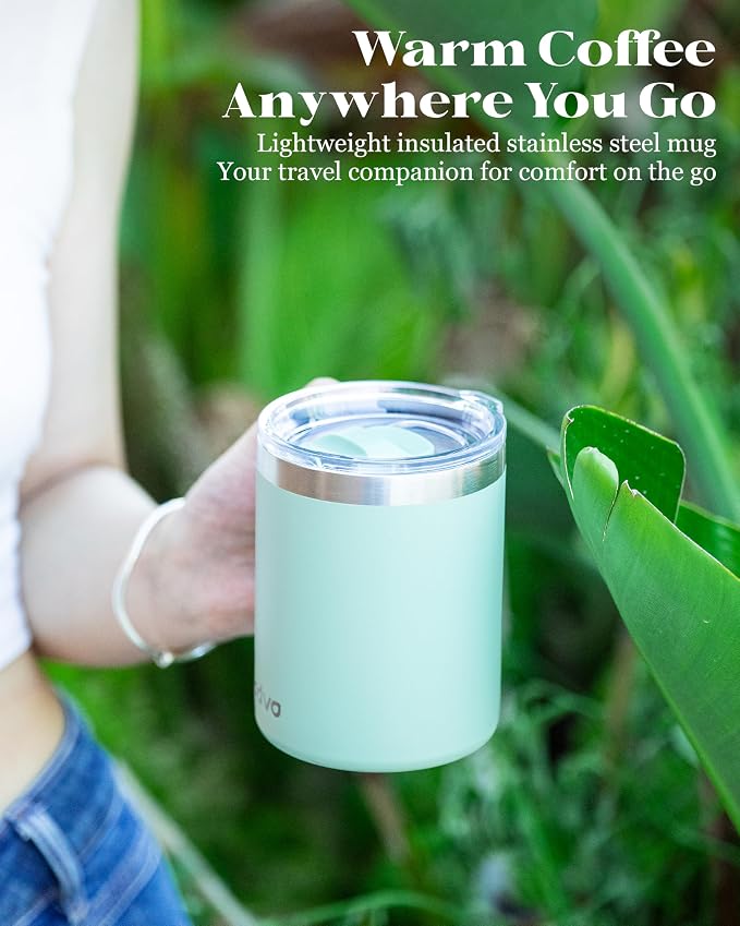 12oz Insulated Coffee Mug with Lid – Includes Two Lids, Stainless Steel Coffee Travel Mug with Handle, Double Wall Vacuum Insulated Camping Mug for Home, Office & Outdoor, Mint Green - Image 9