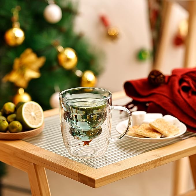 Christmas Tree Mugs Set of 2 Double Wall Mugs with Lid and Handle - Cute Christmas Glass Mugs Gift for Women, Men, Kids