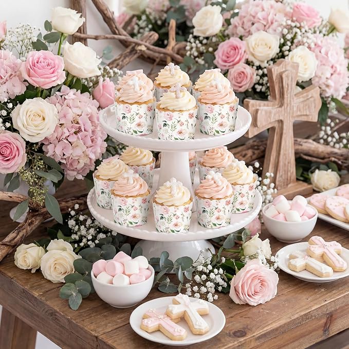 Qinyoung 150 Pcs Pink Floral Cupcake Wrappers Liners Rose Paper Baking Cups Greaseproof Disposable Scalloped Flower Cupcake Muffin Cases for Spring Summer Wedding Baby Shower Birthday Tea Party Decor - Image 7