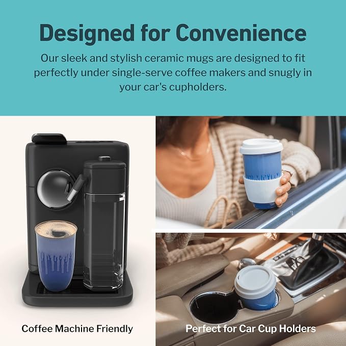 NOVA CERAMICS Ceramic Tumbler– Blue Ceramic Mug – Microwave & Dishwasher Safe Coffee White & Orange Tumbler - Leak-Proof Coffee Travel Mug – 12oz – Neptune - Image 7