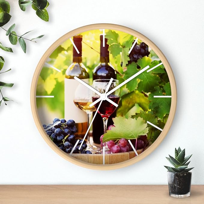 Mozingo ~ Wine Clock for Kitchen Bar Wall It's Wine O'clock Silent Time Gift Home Decor Made In USA, 10" (Hour Marks - Lines, Clock Frame Color - Natural Wood, Wine Theme #03) - Image 3