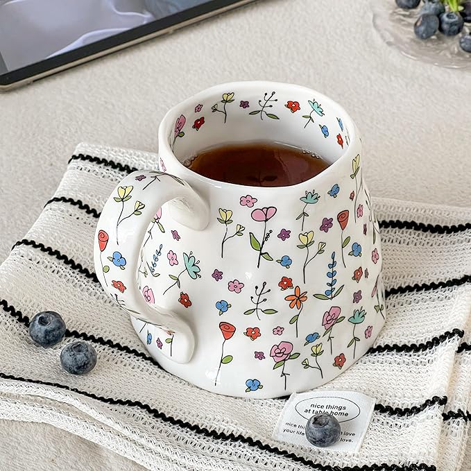 Large Ceramic Coffee Mug Cute Flower with Handmade Big Handle, 20oz Girly Pink Floral Tea Cup for Women Mothers Day, Novelty Irregular Oversized Christmas Mugs for Latte Tea Milk Cocoa - Image 6