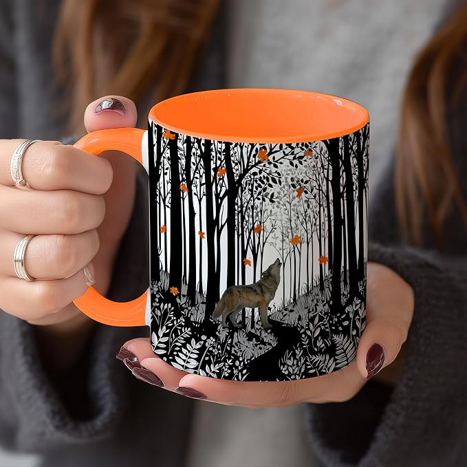 Hyturtle Fall Howling Wolf Coffee Mug with Spoon Gift on Birthday Christmas | Wolf Lover Gift Ideas for Women Men, Fall Autumn Decor Gifts for Thanksgiving, Premium 11oz ceramic double-sided print mug - Image 7