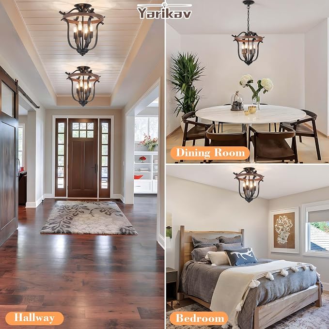 Farmhouse 4 Light Cage Chandelier, Vintage Rustic Mini Flush Mount Ceiling Light Fixture, Black Metal and Faux Wood Rustic Chandelier for Dining Room Kitchen Island Entryway Bedroom Porch Foyer - Image 7