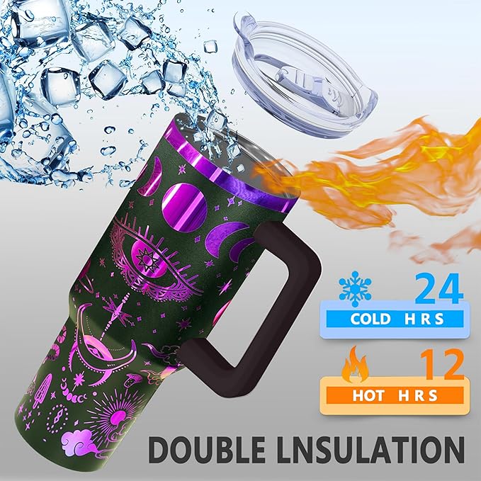 40 oz Bohemia Laser Engraving Tumbler With Handle With Lid Straw Double Insulated Travel Coffee Cup Boho Travel Accessories Must Have Gifts For Women