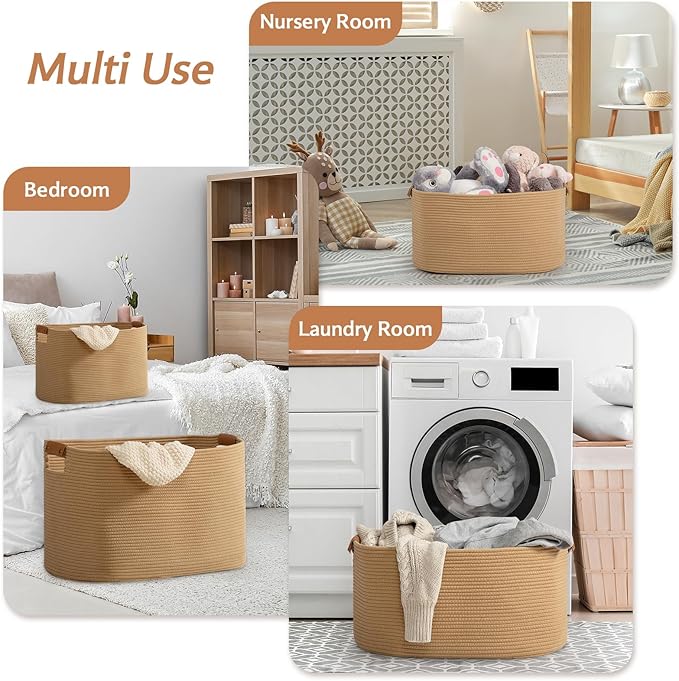 danpinera Large Blanket Basket for Living Room, 72 L Woven Cotton Rope Baskets for Kids Toy, Pillows, Towels, Cotton Organizing with leather handle, Storage Bin for Nursery, 22ββ*17ββ*11.8ββ Jute