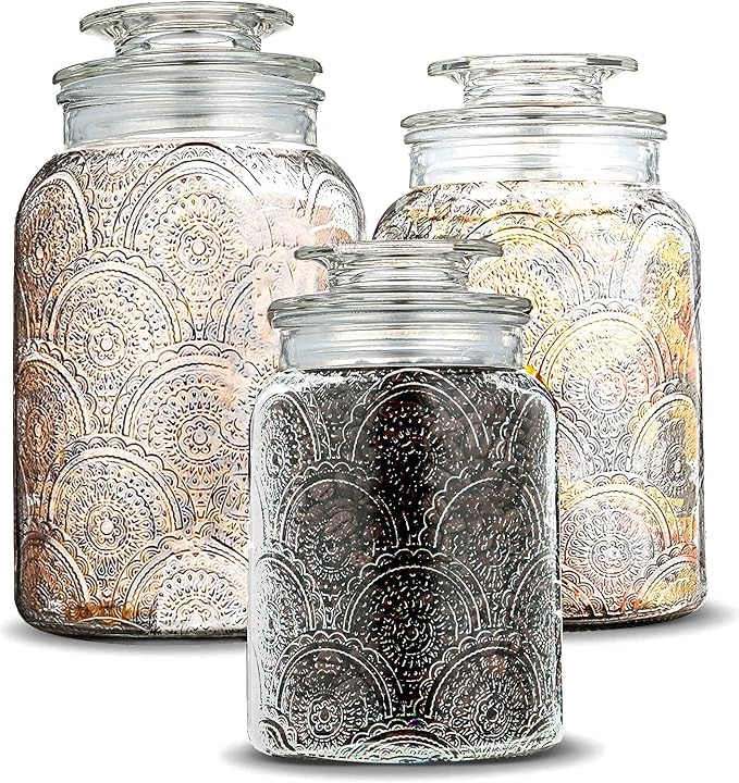 Le'raze Food Storage Containers with Airtight Lids - Retro Design - Pantry Organization, Glass Canisters Storage for Cookies, Tea, Sugar, Candy Jars, Sugar Packet, Set of 3 - Image 9