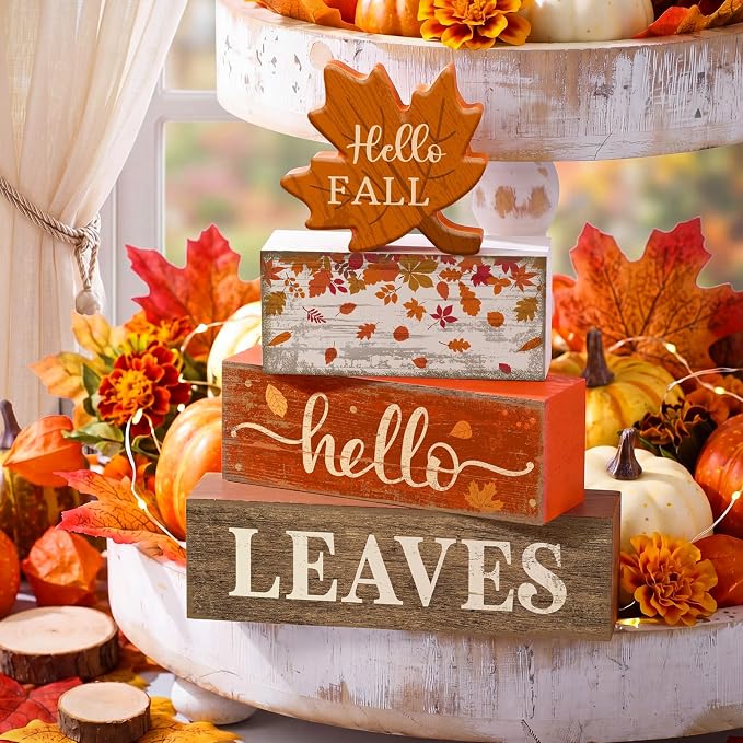 Moucuny 4 Pcs Fall Decor Wooden Maple Leaf Decoration Thanksgiving Tiered Tray Decor Rustic Wooden Maple Leaf Block Sign Thanksgiving Table Centerpiece Farmhouse for Autumn Harvest Party Kitchen Home - Image 7