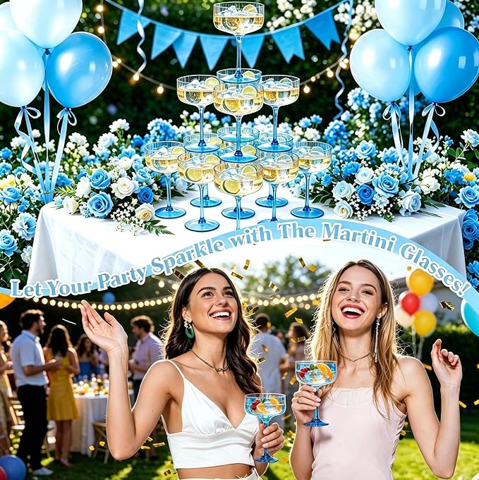 PLULON 12 Pcs Blue Coupe Martini Glasses Cocktail Champagne Cup 10 Oz | Ribbed Plastic Martini Espresso Glasses for Bar Drinking Gifts Wedding Birthday Party, Detachable Margarita Cup Glassware - Image 6