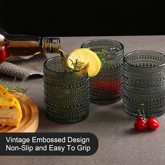 ZMOWIPDL Drinking Glasses Set of 6,12oz Grey Hobnail Glass Cups | Vintage Glassware๏ผEmbossed Water Tumbler,for Beer,Cocktail,Whiskey,Juice and Various Mixed Drinks- 1 Cleaning Brush - Image 7