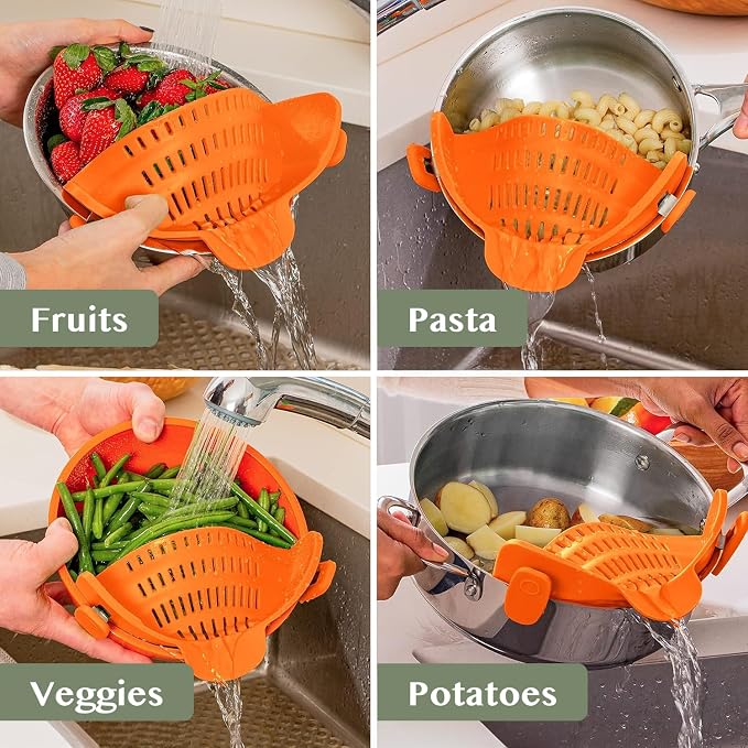 Kitchen Gizmo Snap N Strain Clip On Strainer for Pots and Pans - Adjustable Silicone Colander for Kitchen - Compact Clip-On Food Strainer for Draining Pasta and Vegetables - Orange - Image 7