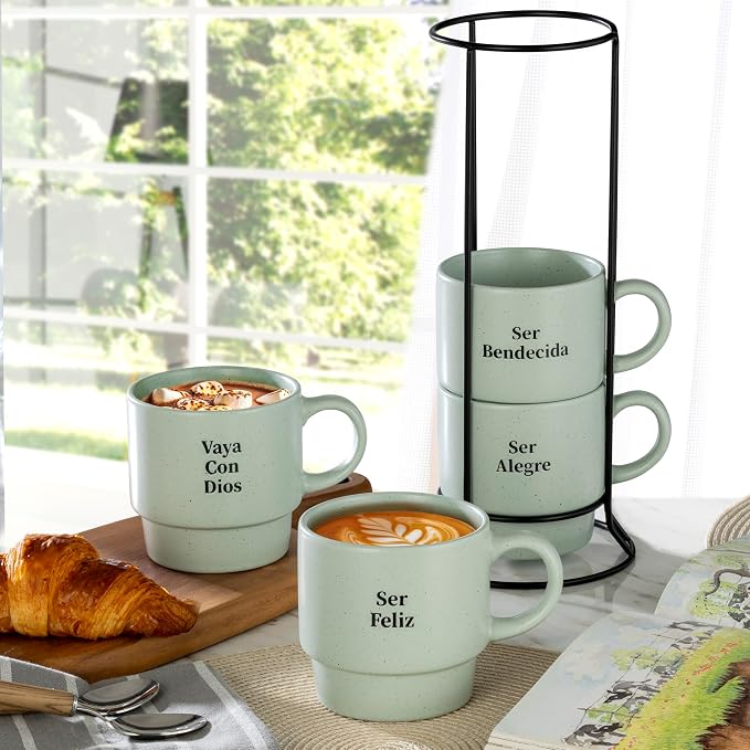 Signature Housewares Stackable Coffee Mug Tower Set with Metal Wire Rack - 15 Ounce Coffee Mugs for Coffee, Tea, Cocoa, Milk, Cappuccino, Hot Chocolate Set of 4 - Spanish Bendecida Blessed - Image 6