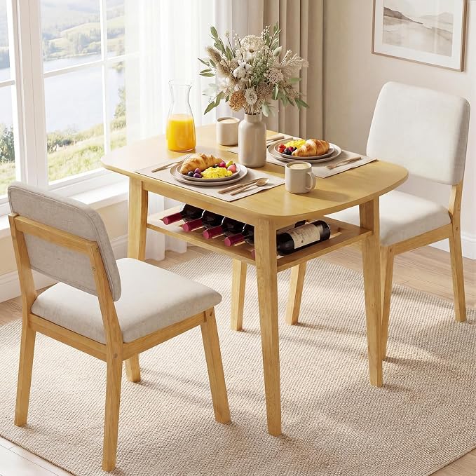 Giantex Dining Table Set for 2, Space Saving Kitchen Table and Chairs Set w/Rubber Wood Frame, Storage Rack, Padded Seats & Backrests, Dinette Set for Small Space, Apartment, Dining Room, Natural - Image 9