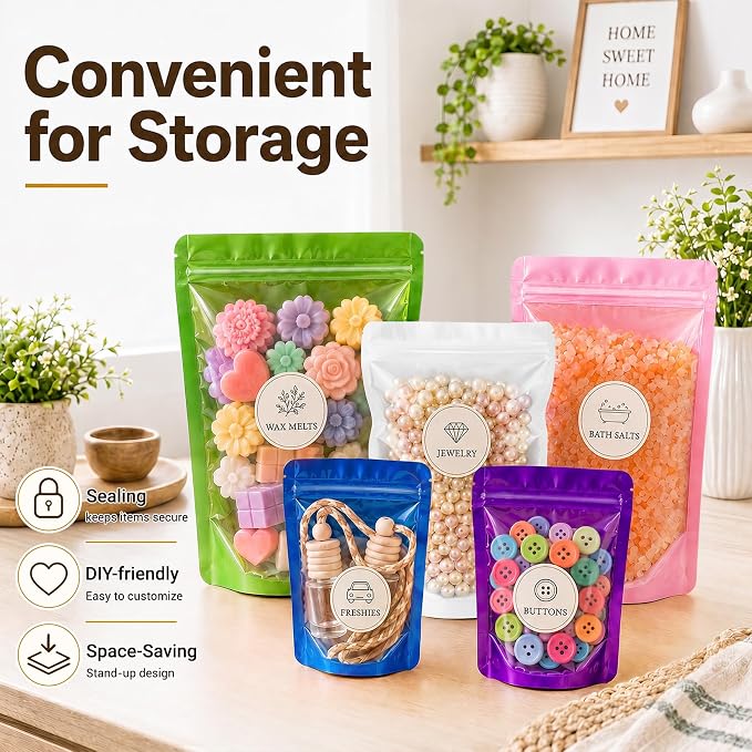 ANZNKU 100PCS Mylar Bags Resealable Small Smell Proof Bags(White, 5.9x8.6) | Stand Up Foil Pouches Clear Window, Sealable Bags for Small Business Packaging Snack Party Favors Candy Treats Food Storage - Image 6
