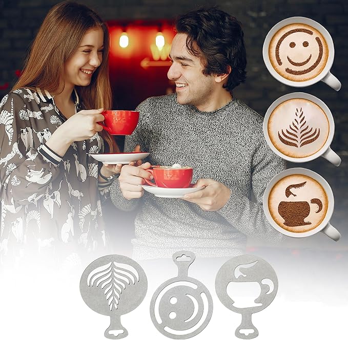 3Pcs Stainless Steel Reusable Metal Coffee Stencils for Latte Art Coffee Decorating Kit - Cookie Stencils for Royal Icing - Metal Baking Stencil Christmas- Cake Decorating Kit