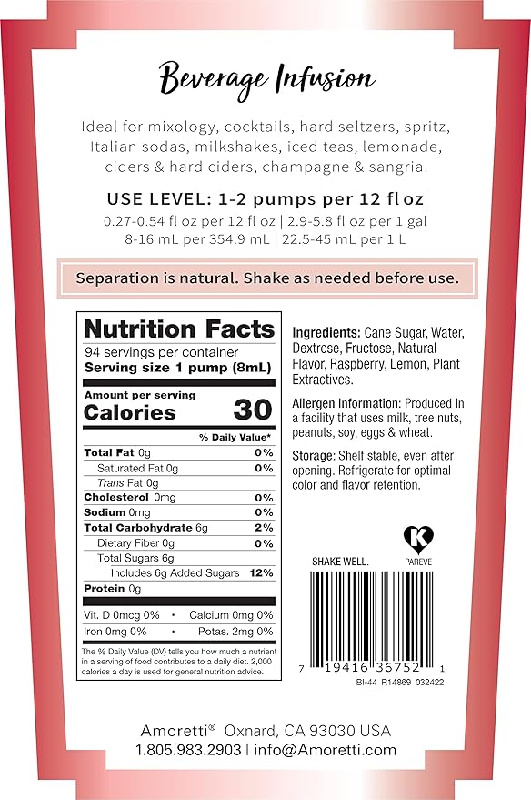 Amoretti - Raspberry Lemonade Beverage Infusion Drink Mix & Water Enhancer with Pump for Flavoring Cocktails, Waters, Teas, and other Beverages, 94 Servings Per Bottle (750 ml), Preservative Free