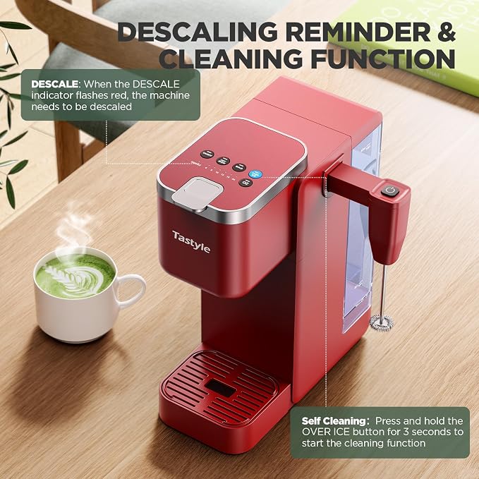 Tastyle Single Serve Coffee Maker with Built-in Detachable Milk Frother | For K Cups & Grounds, 40oz Removable Water Tank, 6 Brew Sizes, 2 Drip Trays, BPA Free, Fits 7.3" Travel Mug, K330MF, Red - Image 8