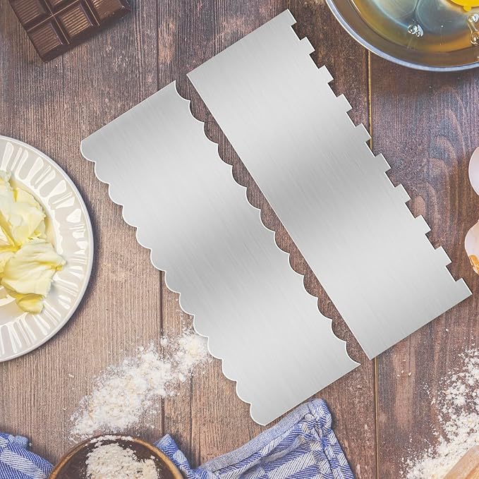 Stainless Steel Cake Scraper, 9 Inch Large Double Sided Patterned Stripe Edge Scraper Smoother, Cake Smoother Scraper for Mousse, Butter, Cream Cake Decoration (2 PCS)