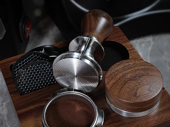 58.5mm Tamper with Walnut Handle Self-Leveling & Double Spring Loaded Calibrated Design Fits 58mm Portafilter Basket for Precise Consistent Shots