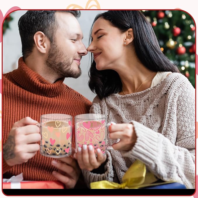 Tioncy 4 Pcs Valentines Heart Coffee Mugs 12 oz Heart Glass Cups with Handle Valentine's Day Pink Coffee Cup Sweet Love Gifts Drinking Mugs for Romantic Holiday Party - Image 6
