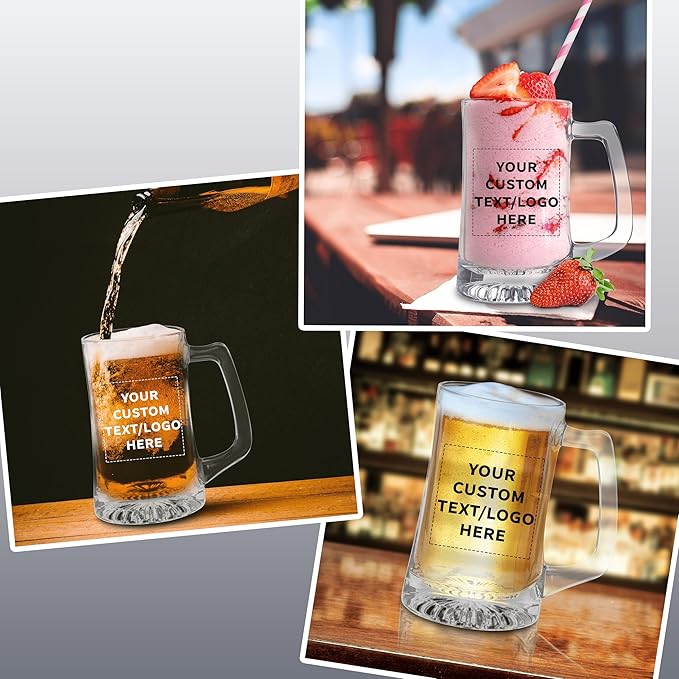 DISCOUNT PROMOS Custom ARC Glass Beer Mugs 14 oz. Set of 12, Personalized Bulk Pack - Great for Octoberfest, Pub, Restaurant - Clear