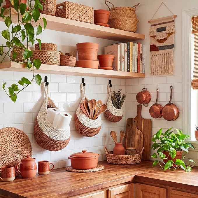 Honeydak Boho Decor Hanging Wall Baskets for Kitchen 3 Pack Teardrop Baskets with Hooks Storage Fruit Onion Vegetable Potato for Home 3 Sizes(White and Beige,Teardrop,Cotton Rope) - Image 6