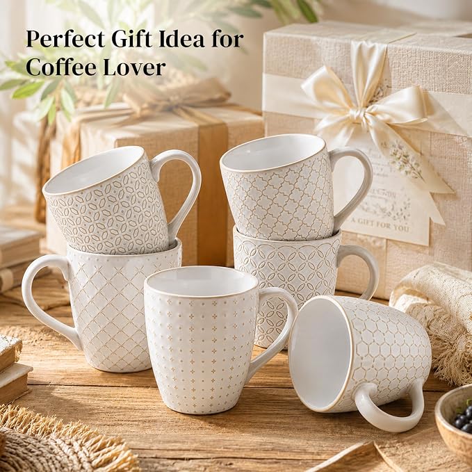 DOWAN Coffee Mugs Set of 6, 19 oz Large Mug, Ceramic Embossment Stoneware Tea Cups with Handle for Men Women, Handcrafted Mug Gift Set, Housewarming Wedding Gift - Image 7