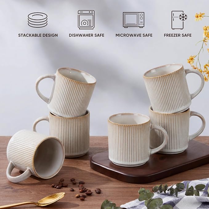 E-far 12 oz Coffee Mugs Set of 6, Stoneware Coffee Cups with Handle for Man Woman, Modern Ribbed Ceramic Tea Mugs for Latte Cocoa Milk, Microwave & Dishwasher Safe, Creamy Beige - Image 8