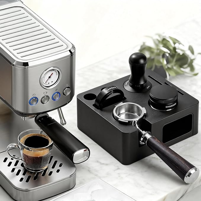 ShanSon Espresso Accessories Kit,7-in-1 54mm Compact Espresso Tamper Set: Espresso Tamper, Distributor, Bottomless Portafilter, Dosing Funnel,Station