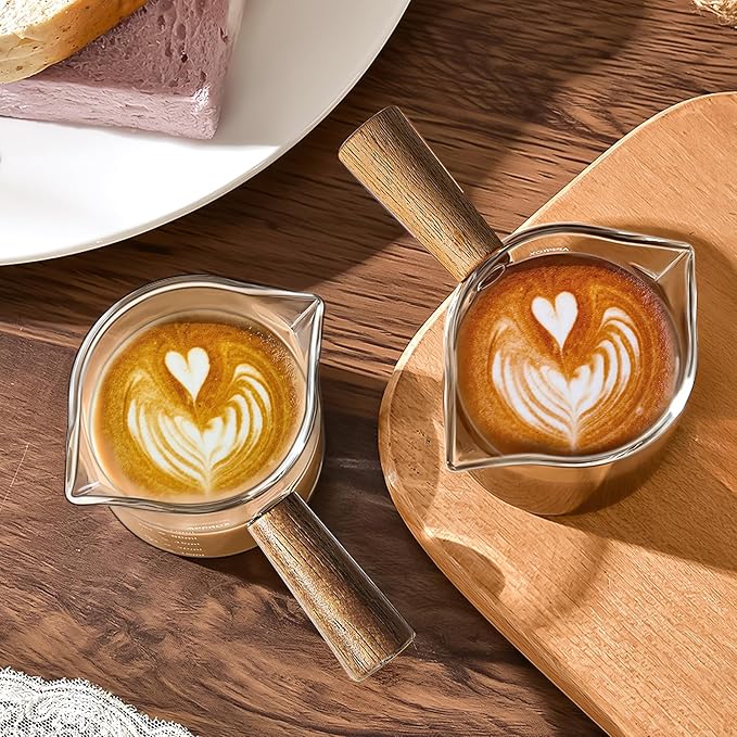 YARRAMATE 3oz Espresso Cups with Wood Handle (2 pack), Clear Glass Espresso Accessories, Double Spout Glass Measuring Cup with Dual Scale, Espresso Shot with V-Shaped Spout